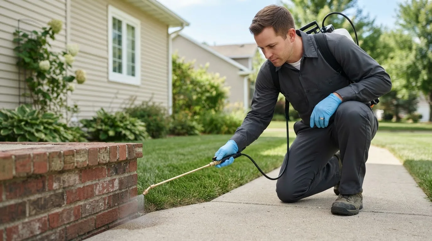 Pest control technician treating a home near Hopeton, OK