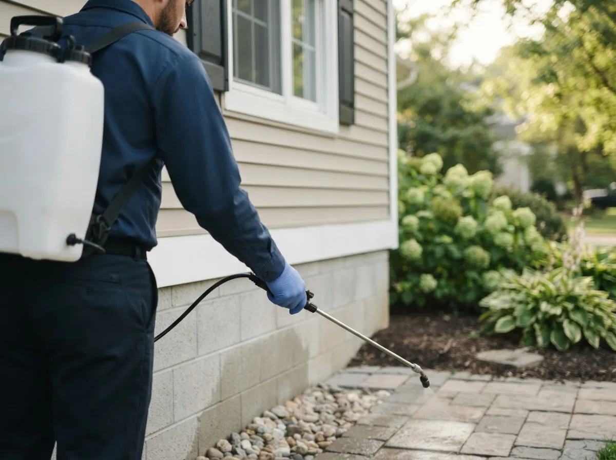 Pest control technician inspecting a home in Hopeton, OK